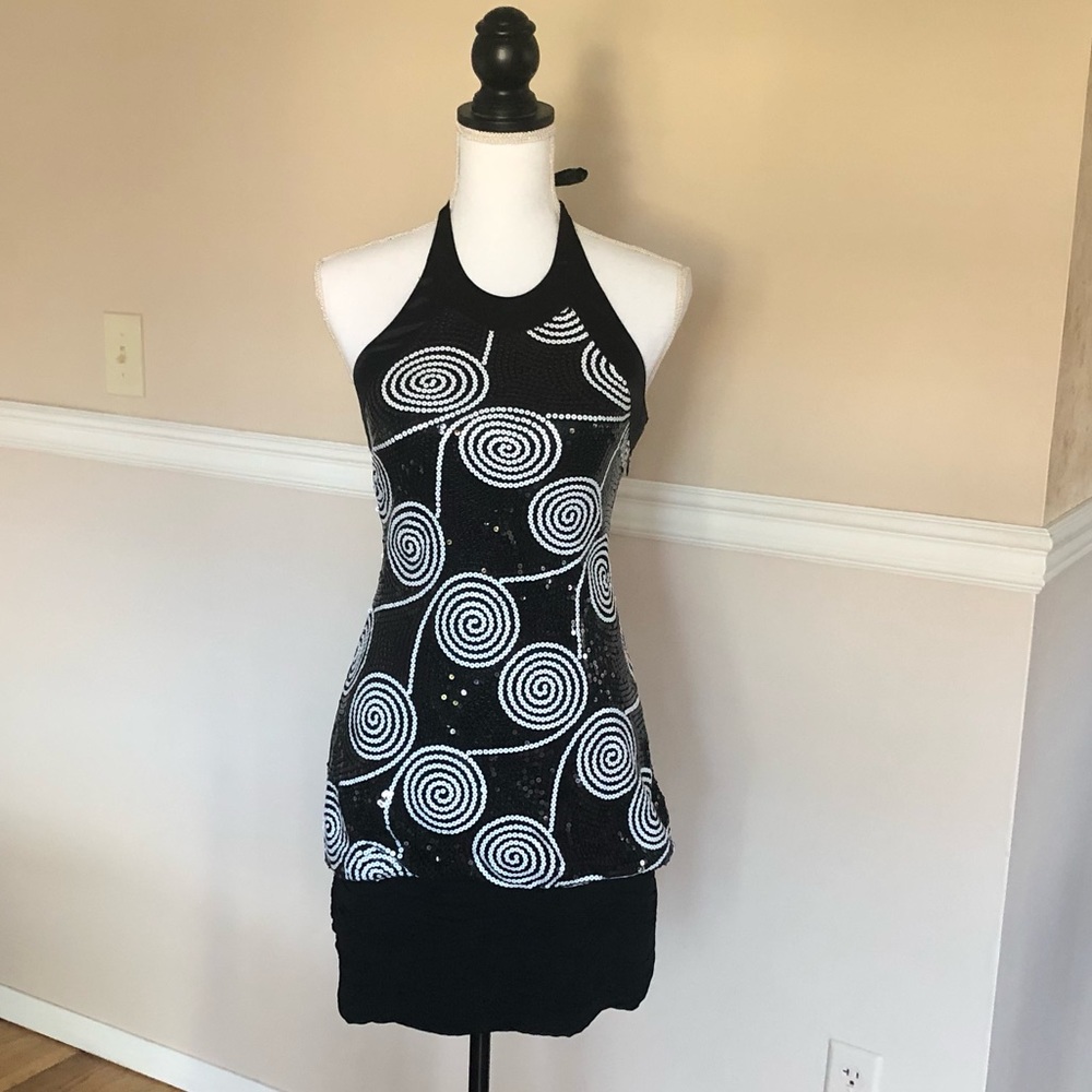 Cache Black & White Swirl Sequin Halter Dress - image 3